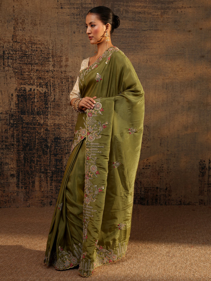 Libas Art Green Floral Embroidered Tissue Saree With Unstitched Blouse Piece