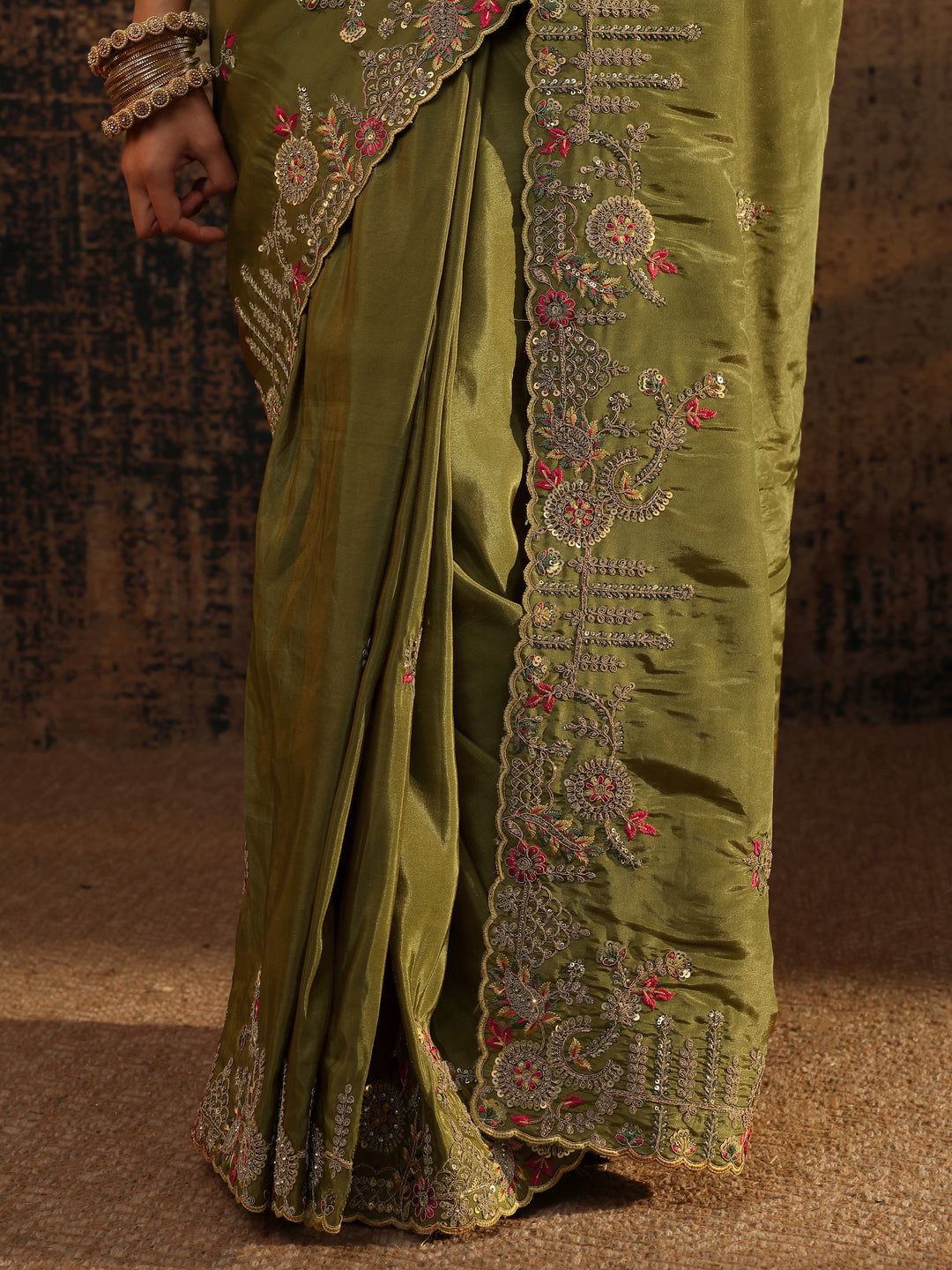 Libas Art Green Floral Embroidered Tissue Saree With Unstitched Blouse Piece