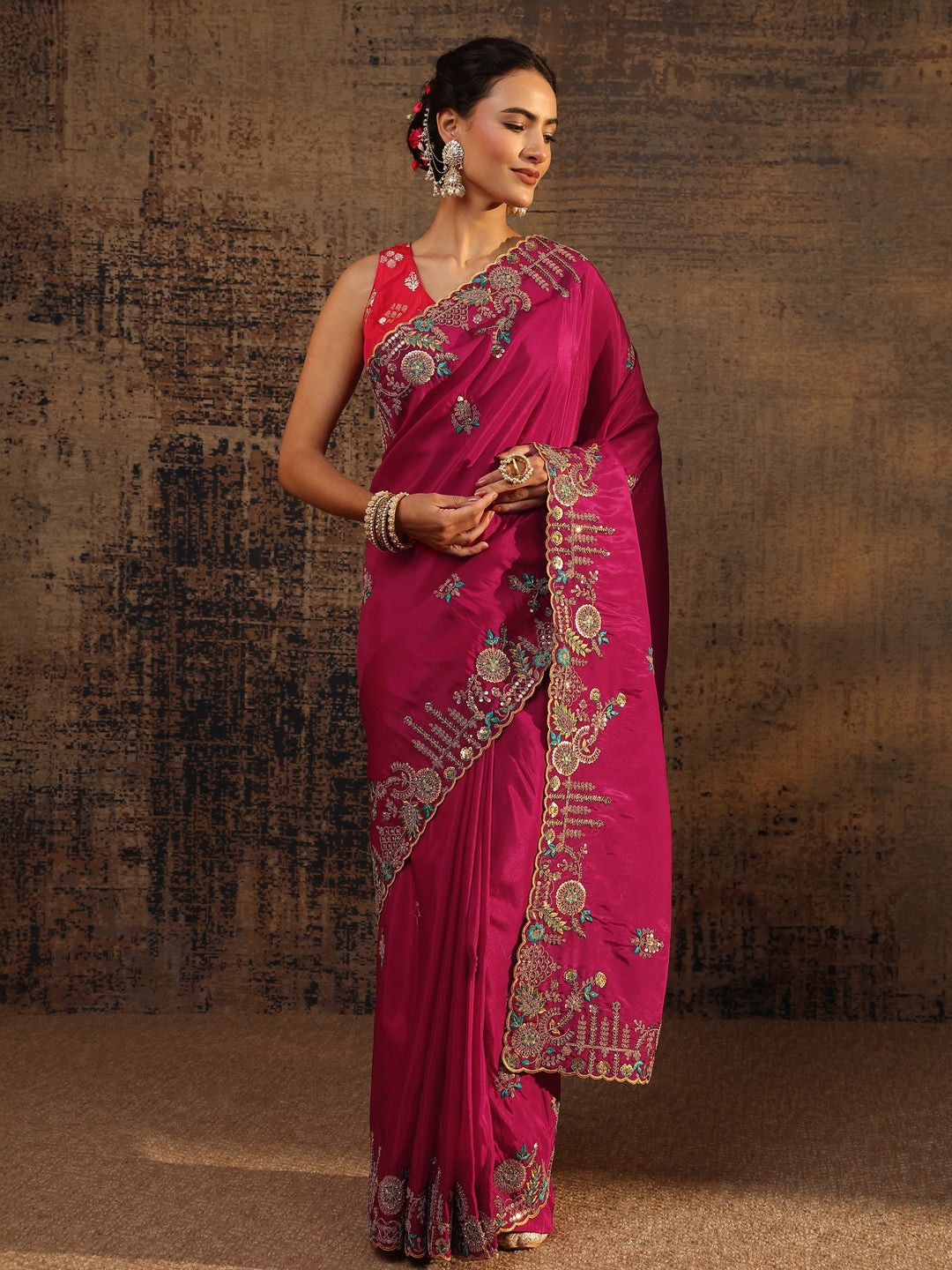 Libas Art Pink Floral Embroidered Tissue Saree With Unstitched Blouse Piece