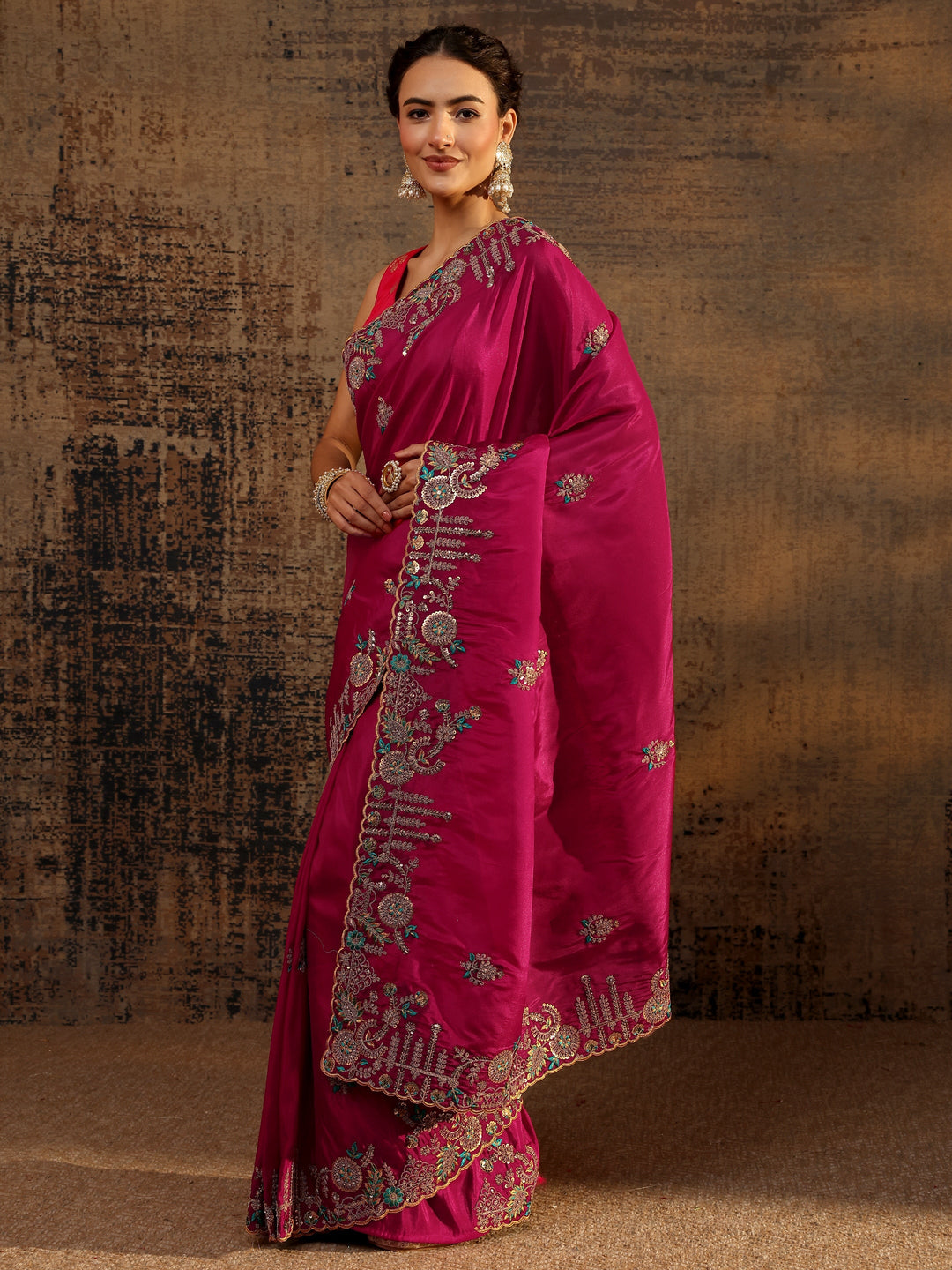 Libas Art Pink Floral Embroidered Tissue Saree With Unstitched Blouse Piece