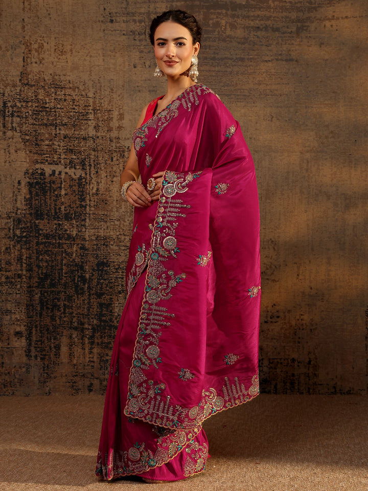 Libas Art Pink Floral Embroidered Tissue Saree With Unstitched Blouse Piece
