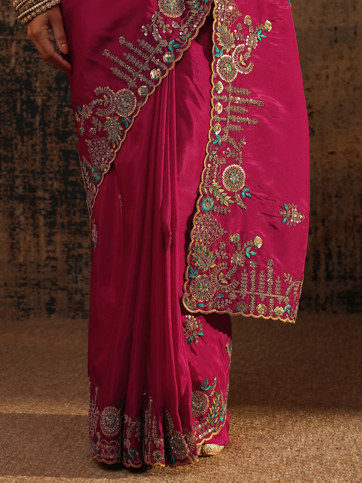 Libas Art Pink Floral Embroidered Tissue Saree With Unstitched Blouse Piece