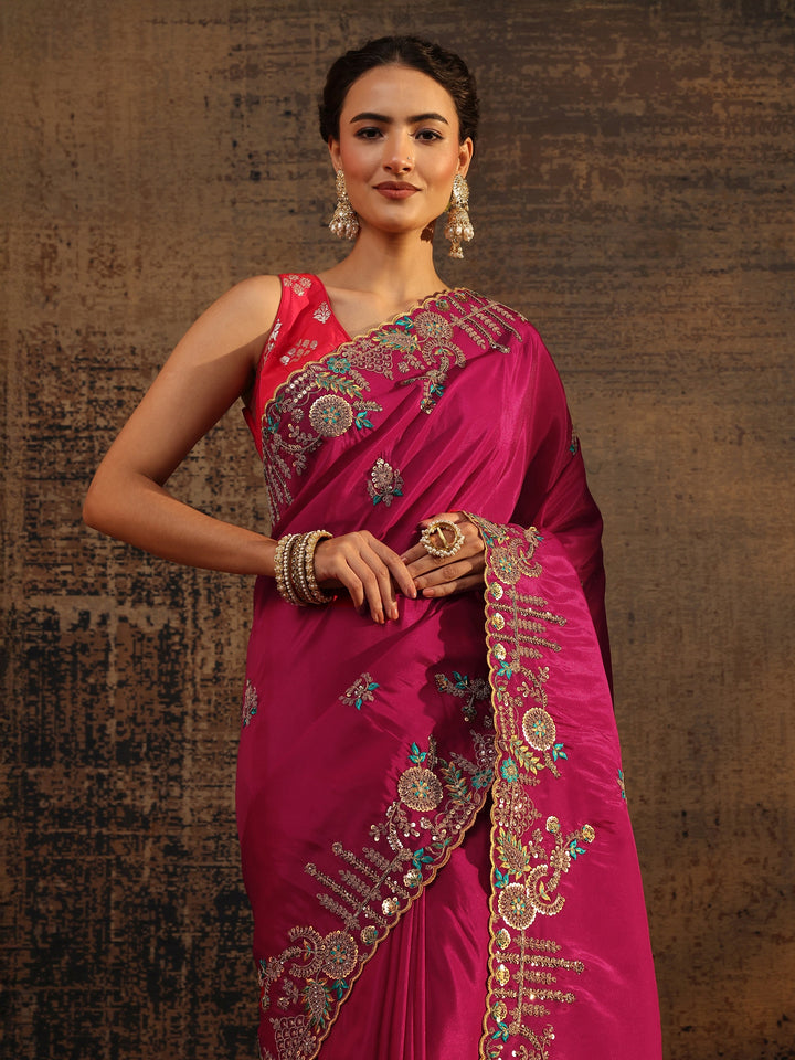 Libas Art Pink Floral Embroidered Tissue Saree With Unstitched Blouse Piece