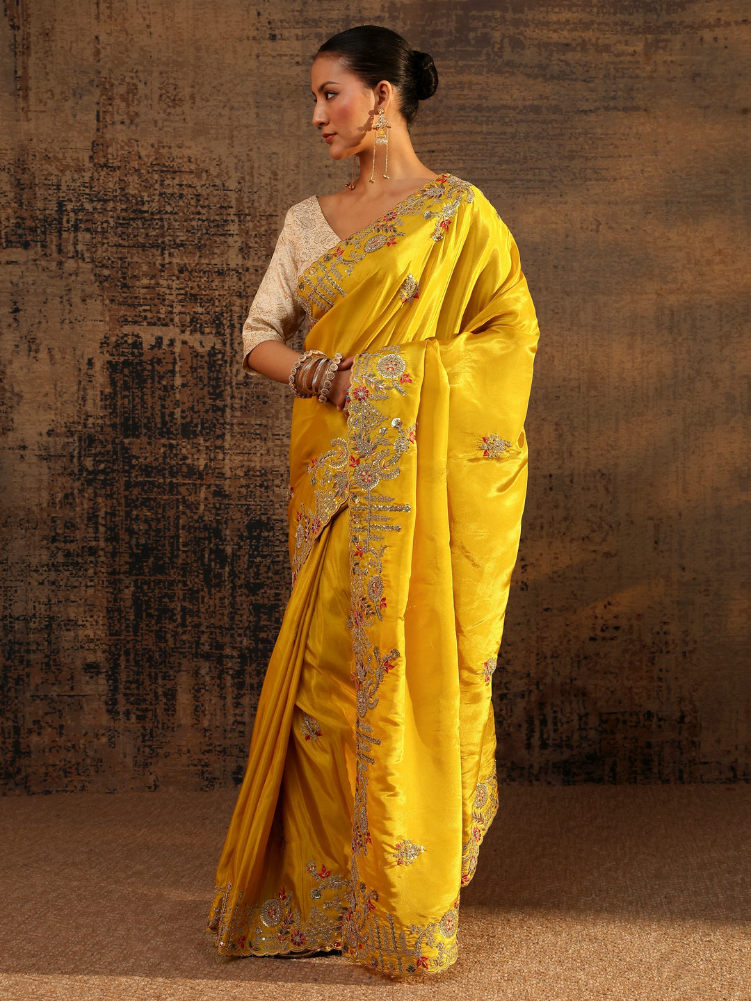 Libas Art Mustard Floral Embroidered Tissue Saree With Unstitched Blouse Piece