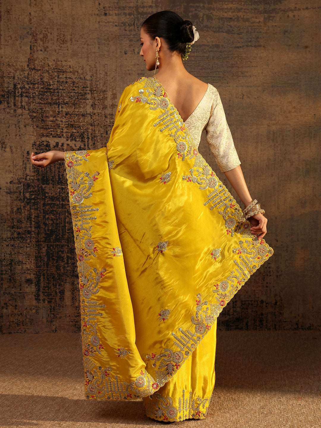 Libas Art Mustard Floral Embroidered Tissue Saree With Unstitched Blouse Piece