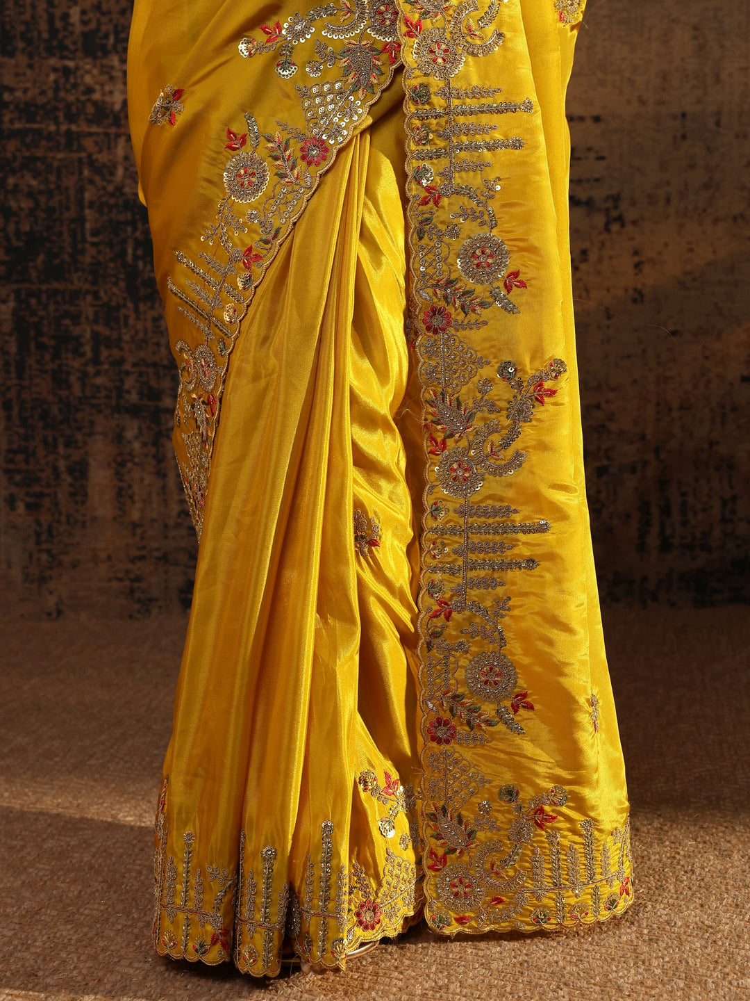 Libas Art Mustard Floral Embroidered Tissue Saree With Unstitched Blouse Piece