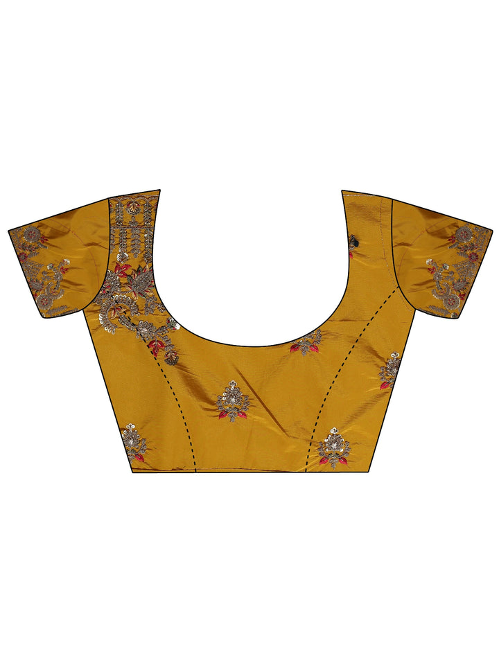 Libas Art Mustard Floral Embroidered Tissue Saree With Unstitched Blouse Piece