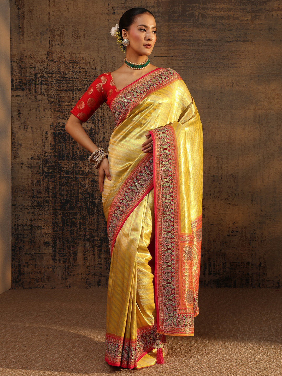 Libas Art Mustard Ethnic Motifs Woven Design Silk Blend Saree With Unstitched Blouse Piece