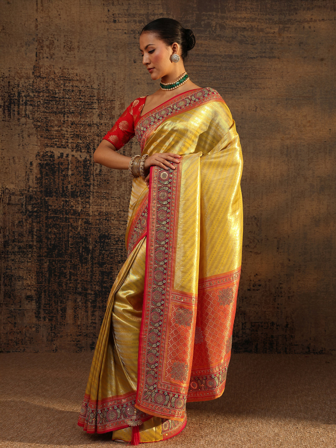 Libas Art Mustard Ethnic Motifs Woven Design Silk Blend Saree With Unstitched Blouse Piece