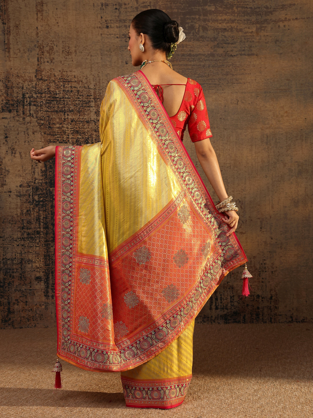 Libas Art Mustard Ethnic Motifs Woven Design Silk Blend Saree With Unstitched Blouse Piece