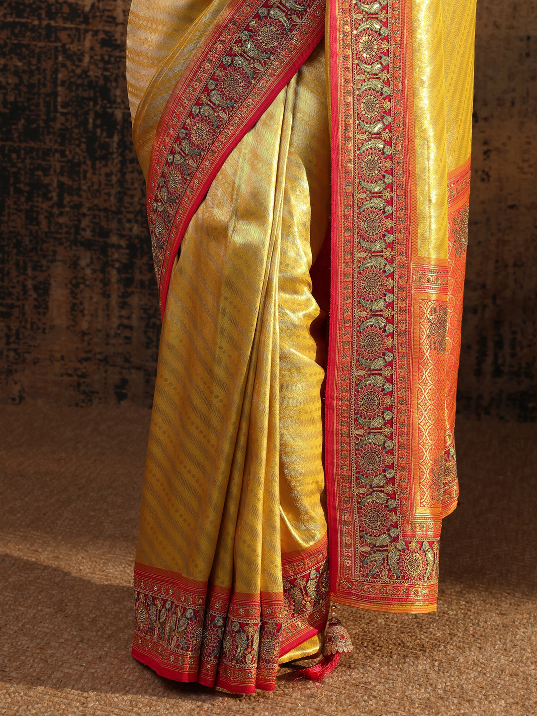 Libas Art Mustard Ethnic Motifs Woven Design Silk Blend Saree With Unstitched Blouse Piece