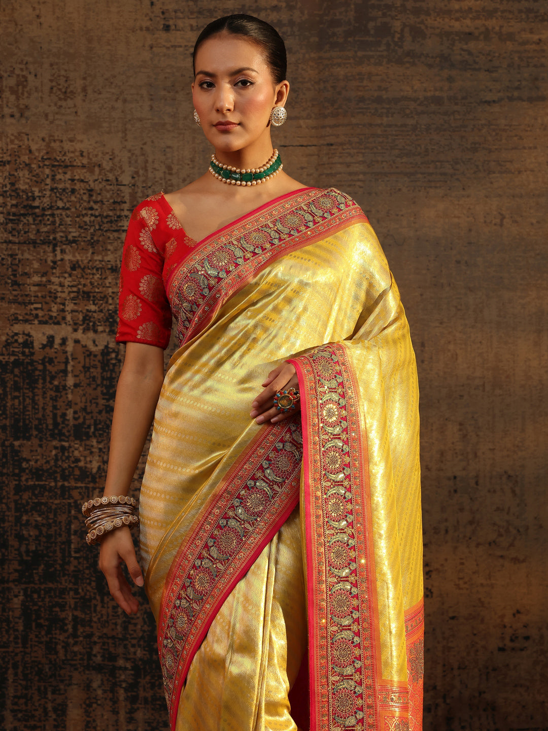 Libas Art Mustard Ethnic Motifs Woven Design Silk Blend Saree With Unstitched Blouse Piece