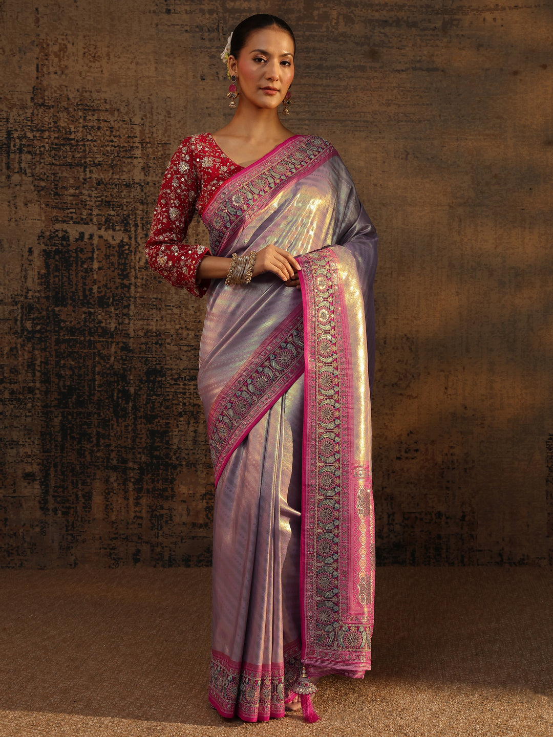 Libas Art Lavender Ethnic Motifs Woven Design Silk Blend Saree With Unstitched Blouse Piece