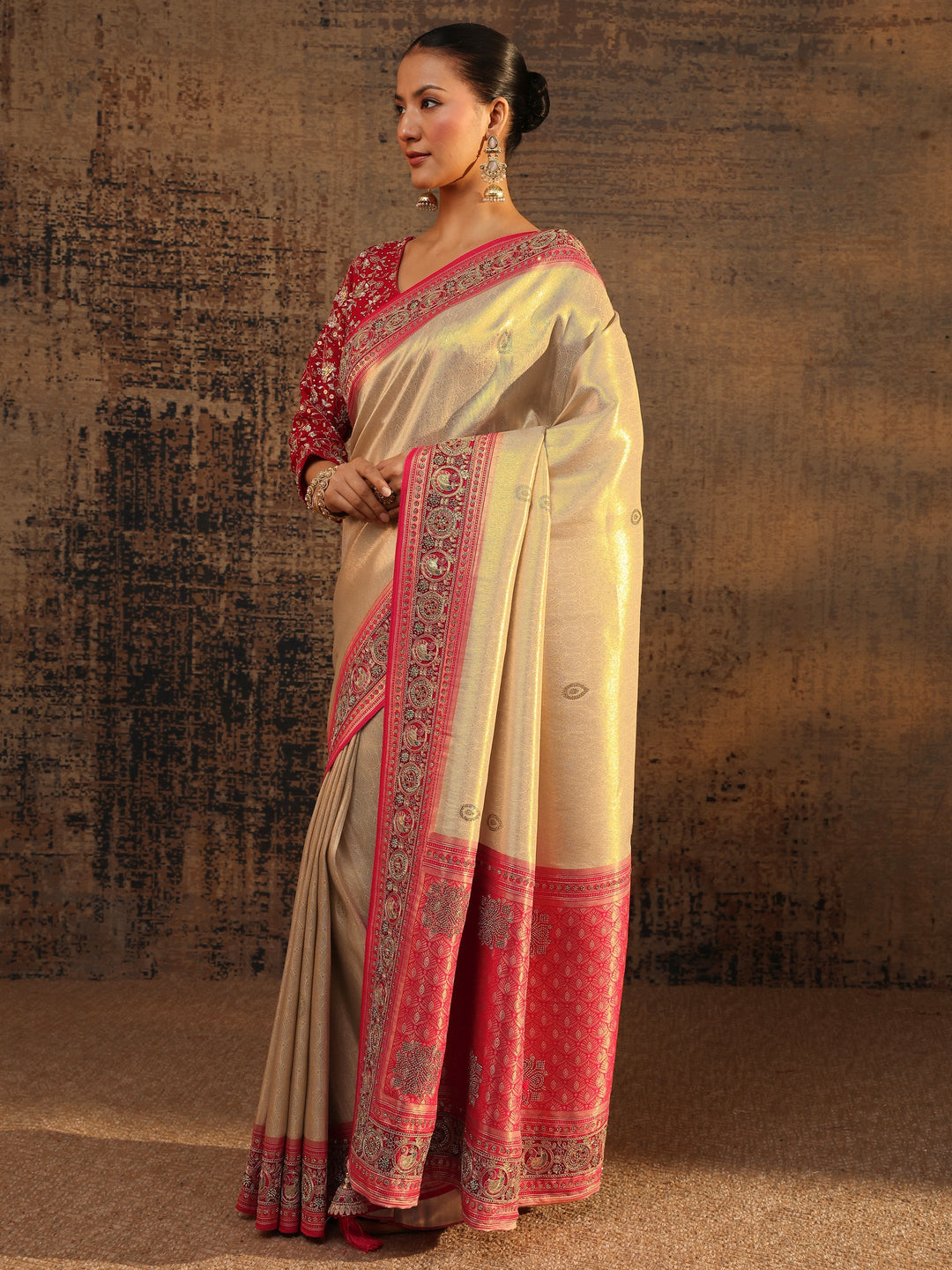 Libas Art Gold Ethnic Motifs Woven Design Silk Blend Saree With Unstitched Blouse Piece