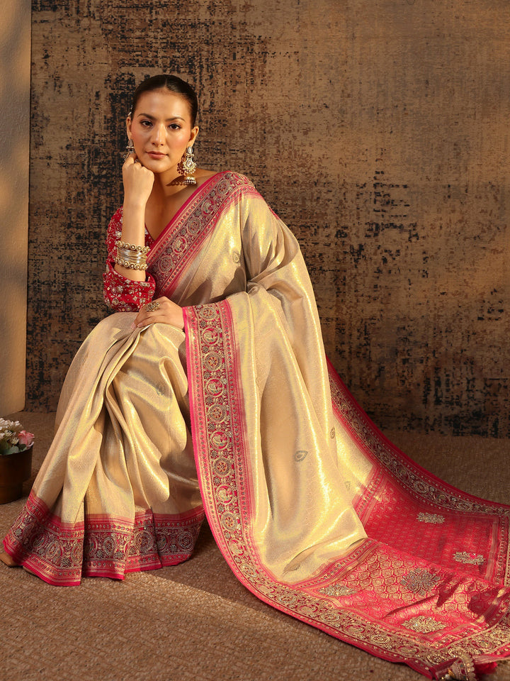 Libas Art Gold Ethnic Motifs Woven Design Silk Blend Saree With Unstitched Blouse Piece