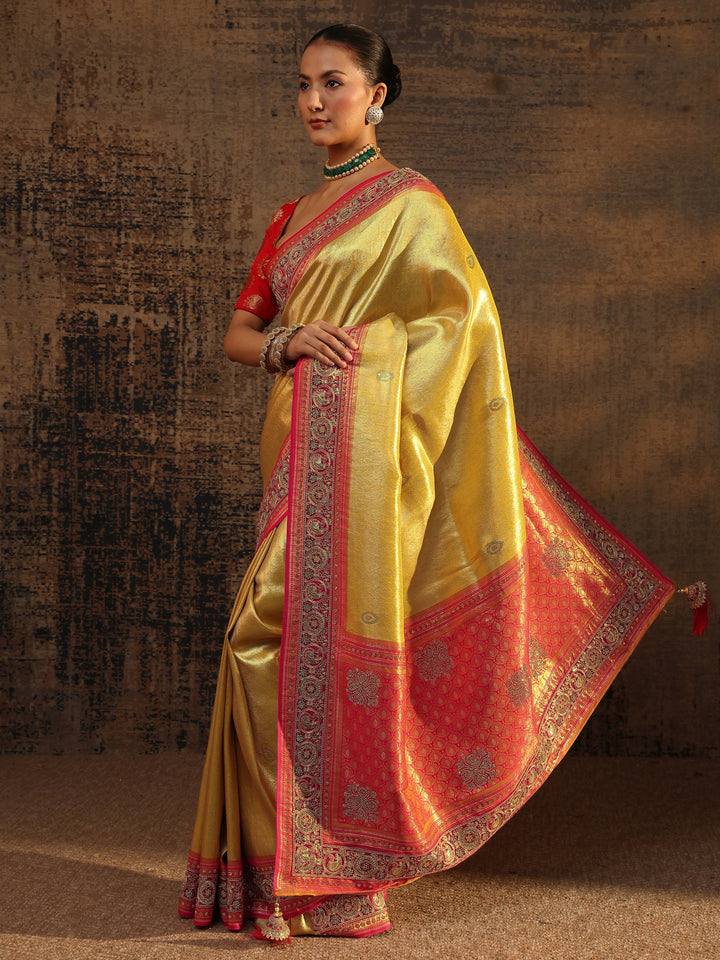 Libas Art Mustard Ethnic Motifs Woven Design Silk Blend Saree With Unstitched Blouse Piece