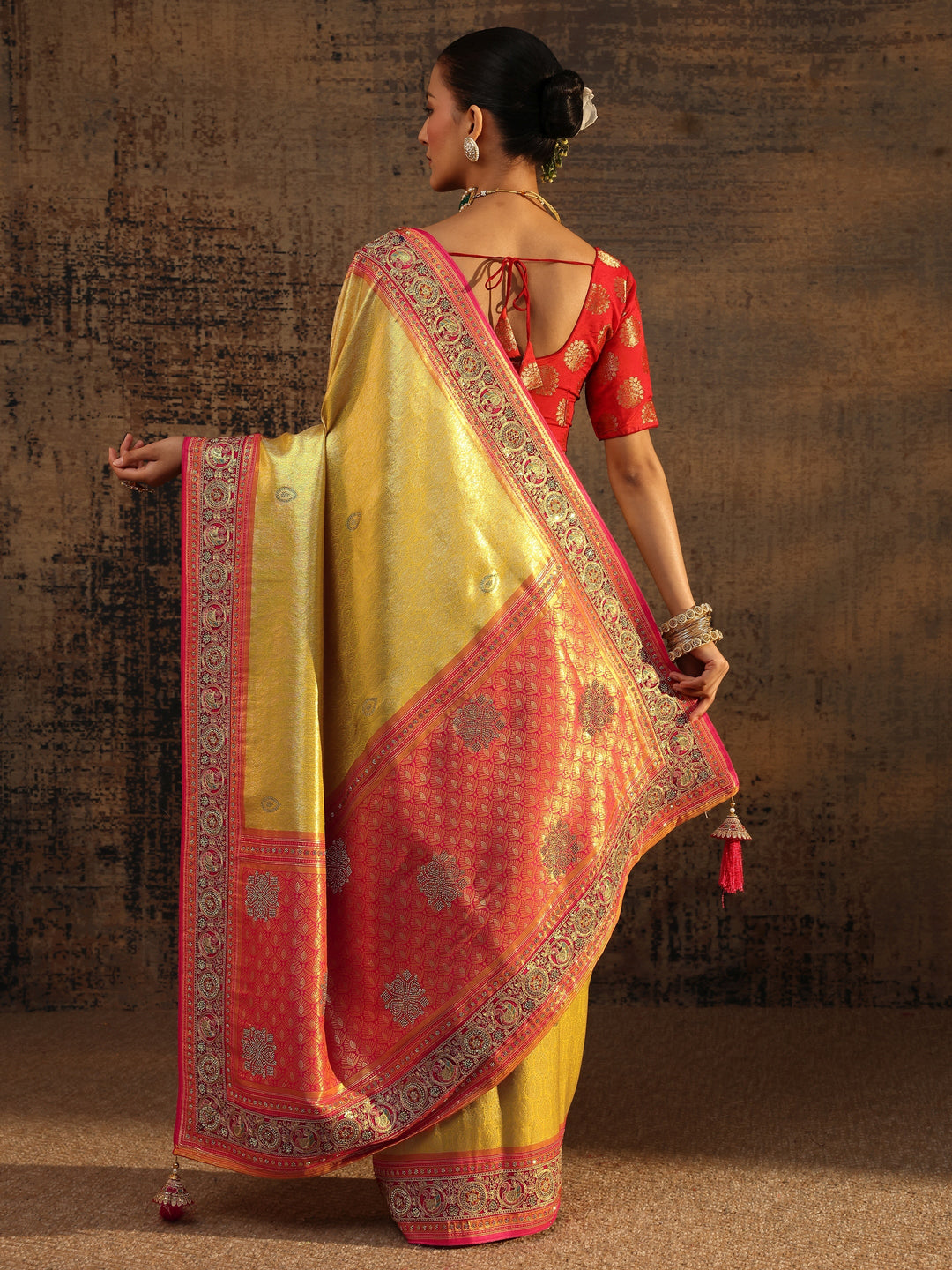 Libas Art Mustard Ethnic Motifs Woven Design Silk Blend Saree With Unstitched Blouse Piece