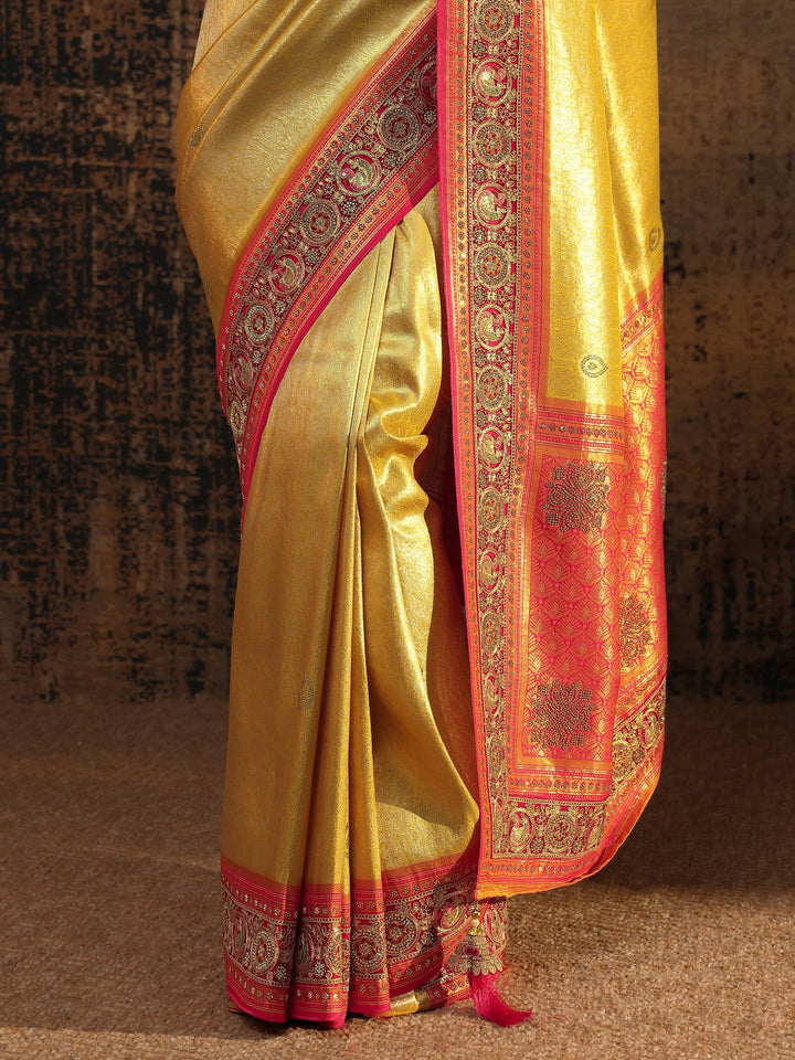 Libas Art Mustard Ethnic Motifs Woven Design Silk Blend Saree With Unstitched Blouse Piece