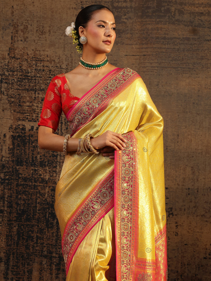 Libas Art Mustard Ethnic Motifs Woven Design Silk Blend Saree With Unstitched Blouse Piece