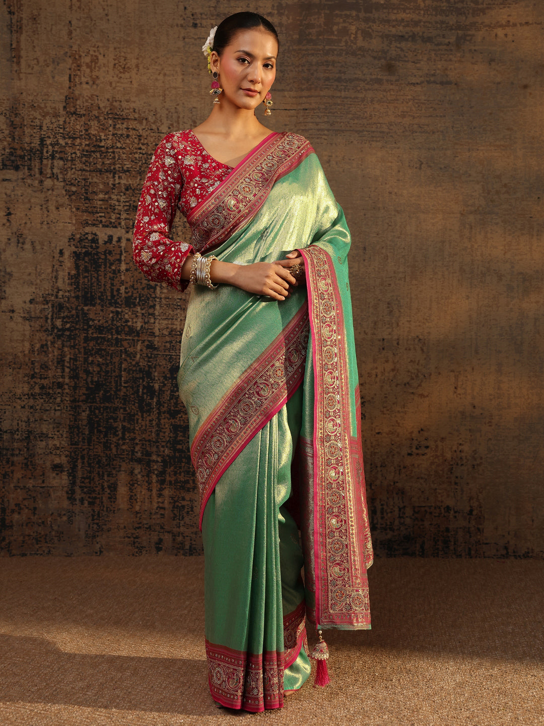 Libas Art Green Ethnic Motifs Woven Design Silk Blend Saree With Unstitched Blouse Piece