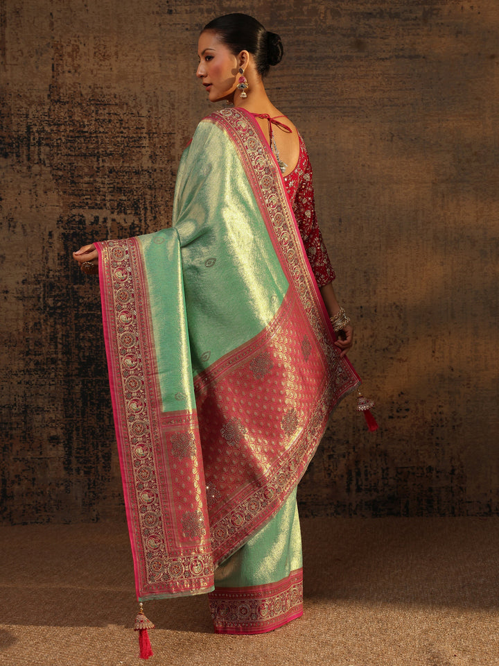 Libas Art Green Ethnic Motifs Woven Design Silk Blend Saree With Unstitched Blouse Piece