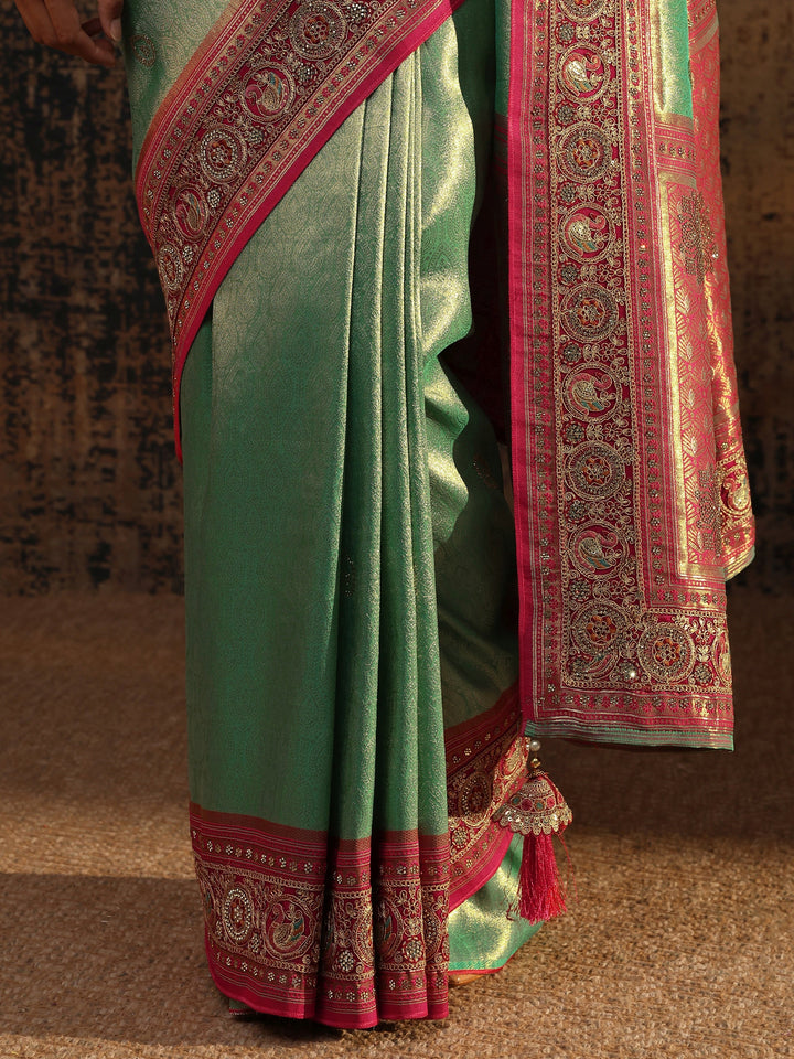 Libas Art Green Ethnic Motifs Woven Design Silk Blend Saree With Unstitched Blouse Piece