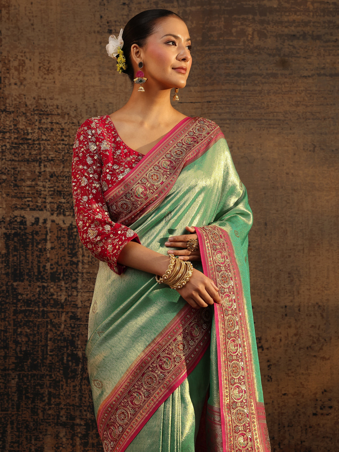 Libas Art Green Ethnic Motifs Woven Design Silk Blend Saree With Unstitched Blouse Piece