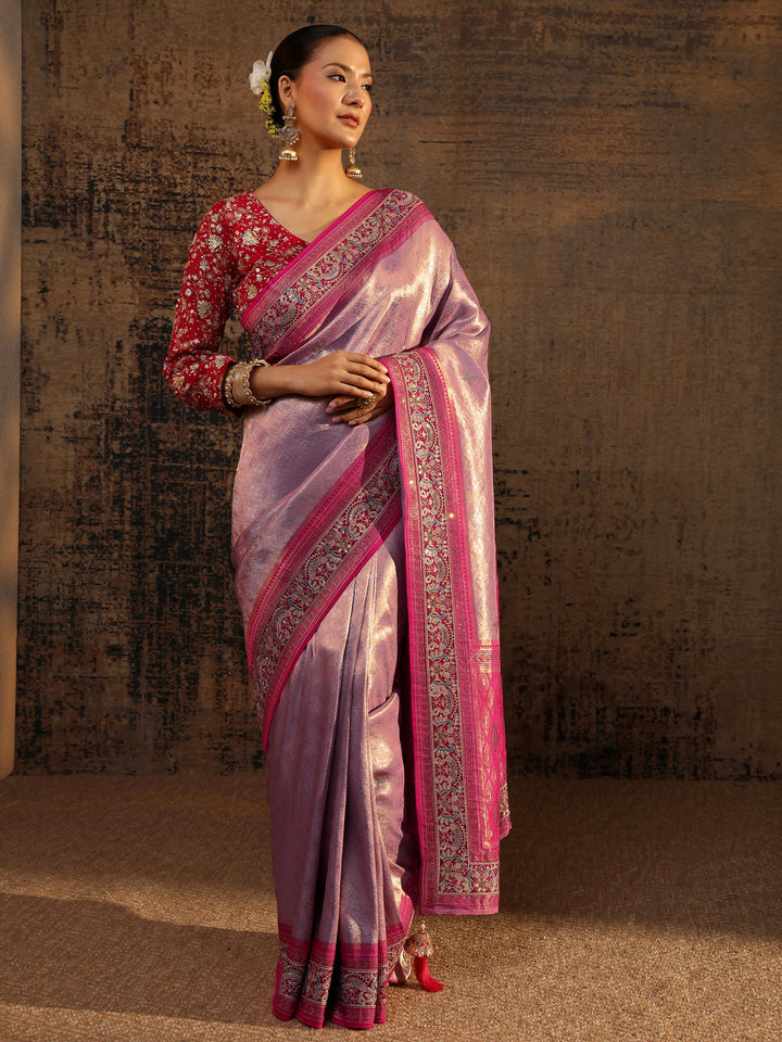 Libas Art Lavender Ethnic Motifs Woven Design Silk Blend Saree With Unstitched Blouse Piece