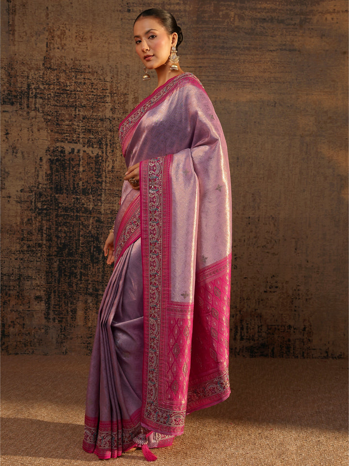 Libas Art Lavender Ethnic Motifs Woven Design Silk Blend Saree With Unstitched Blouse Piece