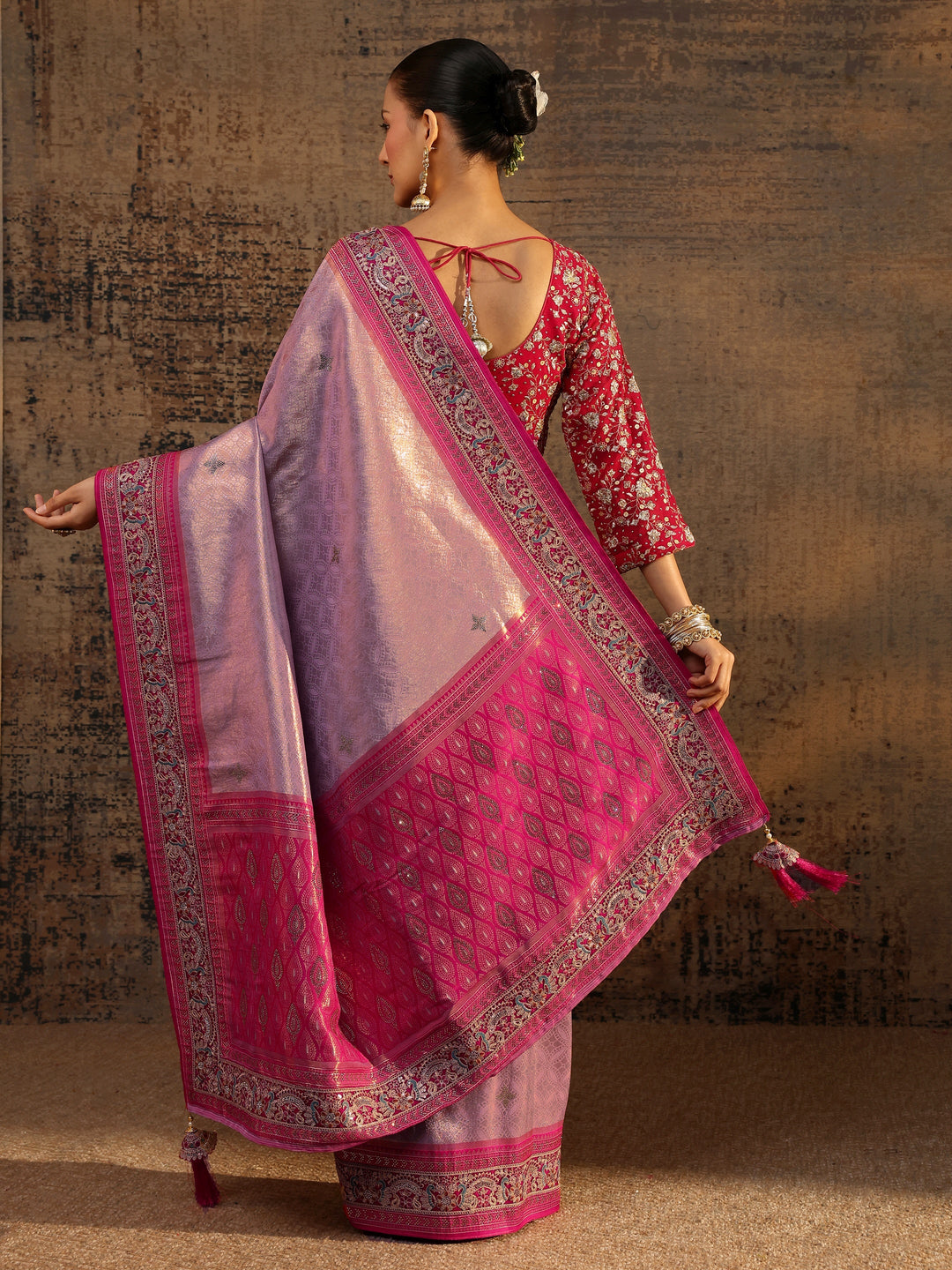 Libas Art Lavender Ethnic Motifs Woven Design Silk Blend Saree With Unstitched Blouse Piece