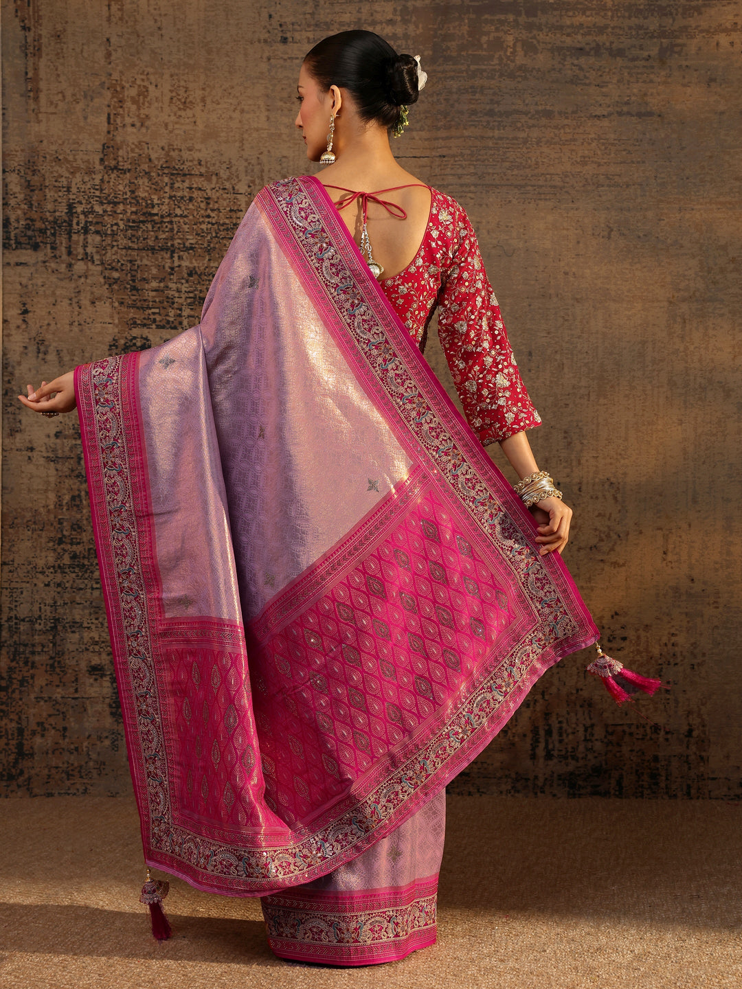 Libas Art Lavender Ethnic Motifs Woven Design Silk Blend Saree With Unstitched Blouse Piece