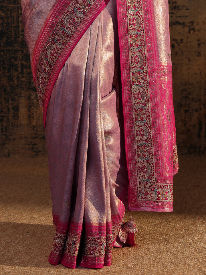 Libas Art Lavender Ethnic Motifs Woven Design Silk Blend Saree With Unstitched Blouse Piece