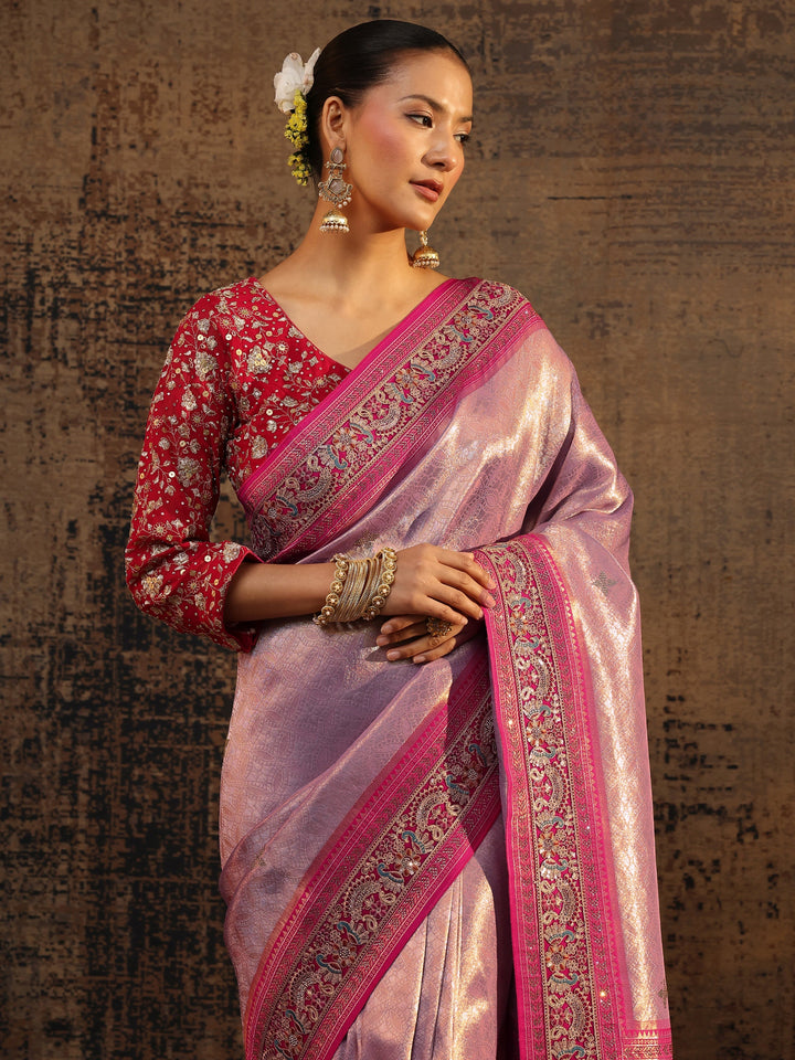 Libas Art Lavender Ethnic Motifs Woven Design Silk Blend Saree With Unstitched Blouse Piece