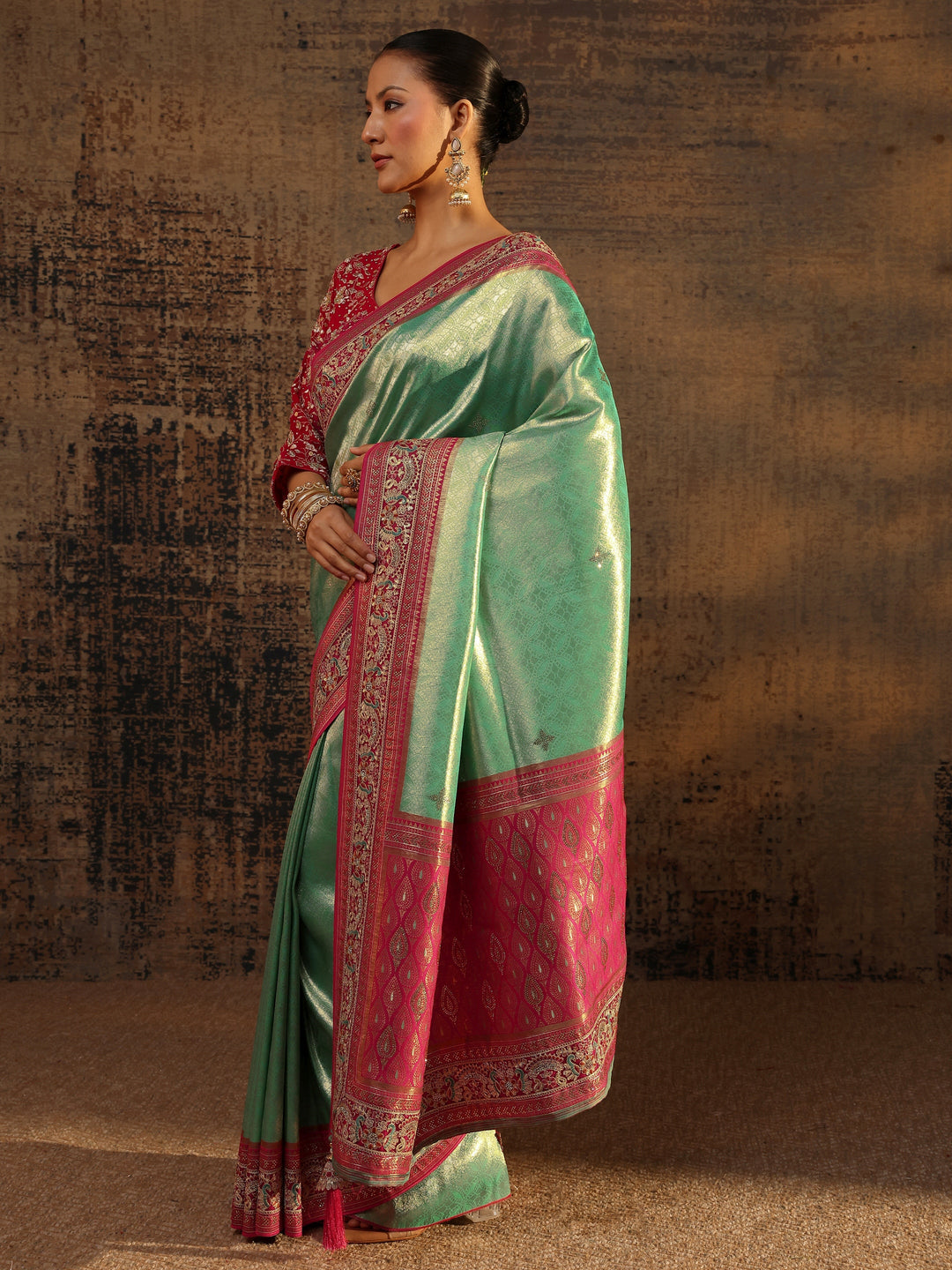 Libas Art Green Ethnic Motifs Woven Design Silk Blend Saree With Unstitched Blouse Piece
