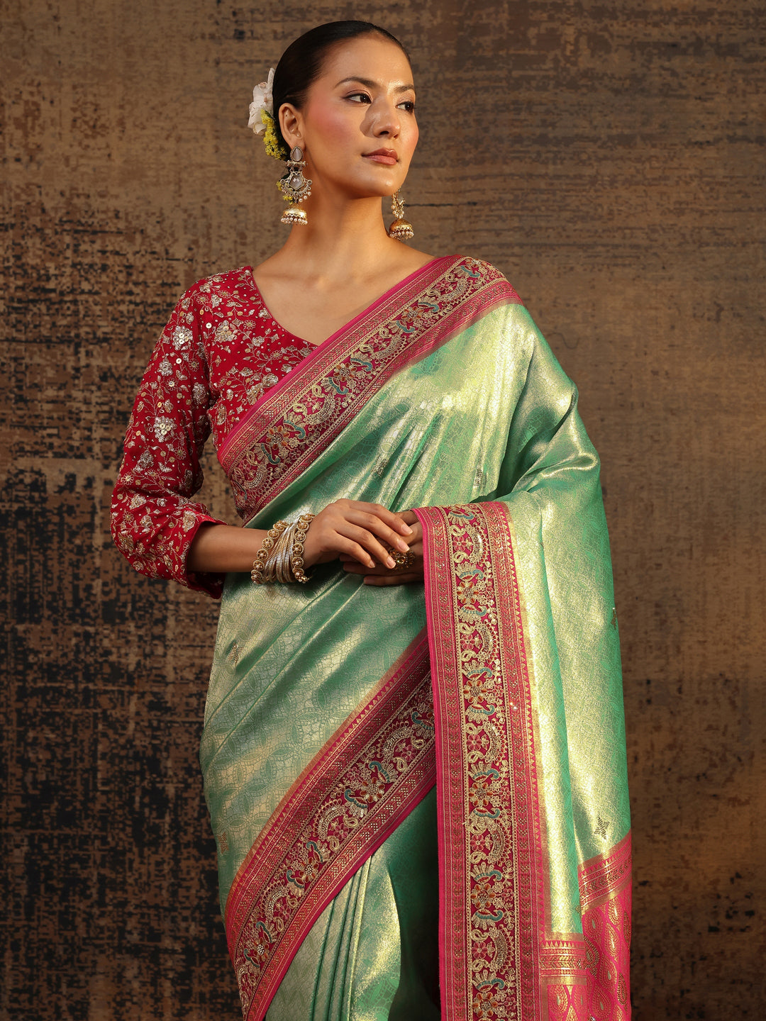 Libas Art Green Ethnic Motifs Woven Design Silk Blend Saree With Unstitched Blouse Piece