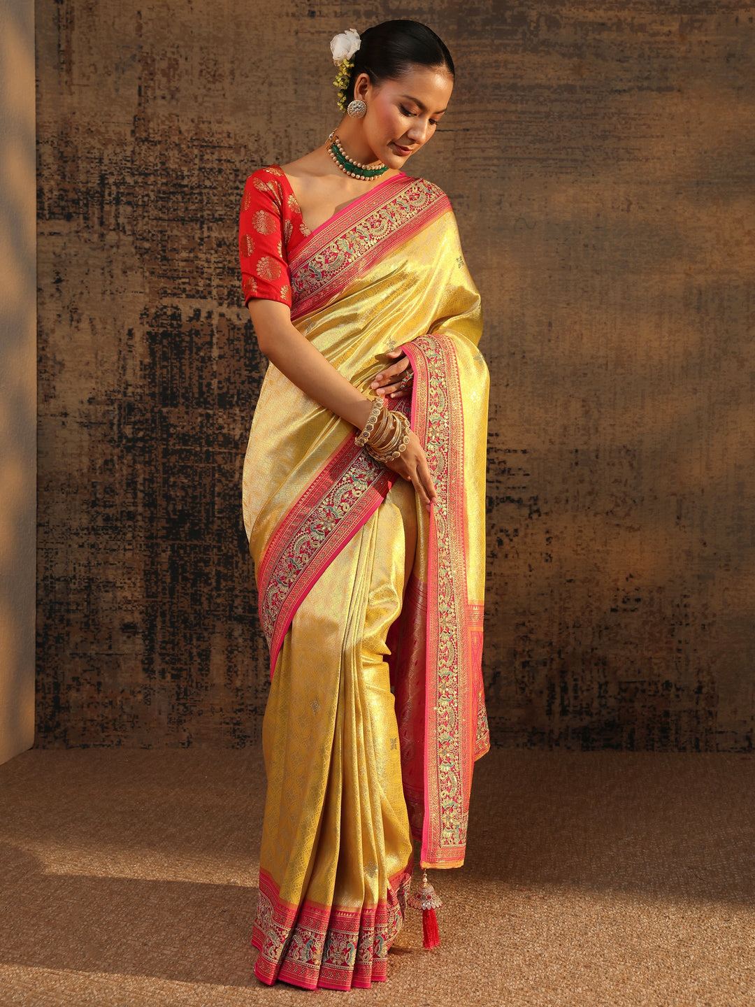 Libas Art Mustard Ethnic Motifs Woven Design Silk Blend Saree With Unstitched Blouse Piece
