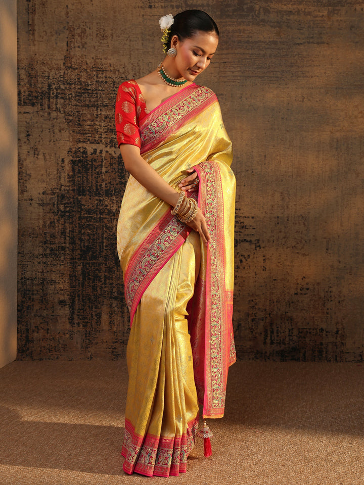 Libas Art Mustard Ethnic Motifs Woven Design Silk Blend Saree With Unstitched Blouse Piece
