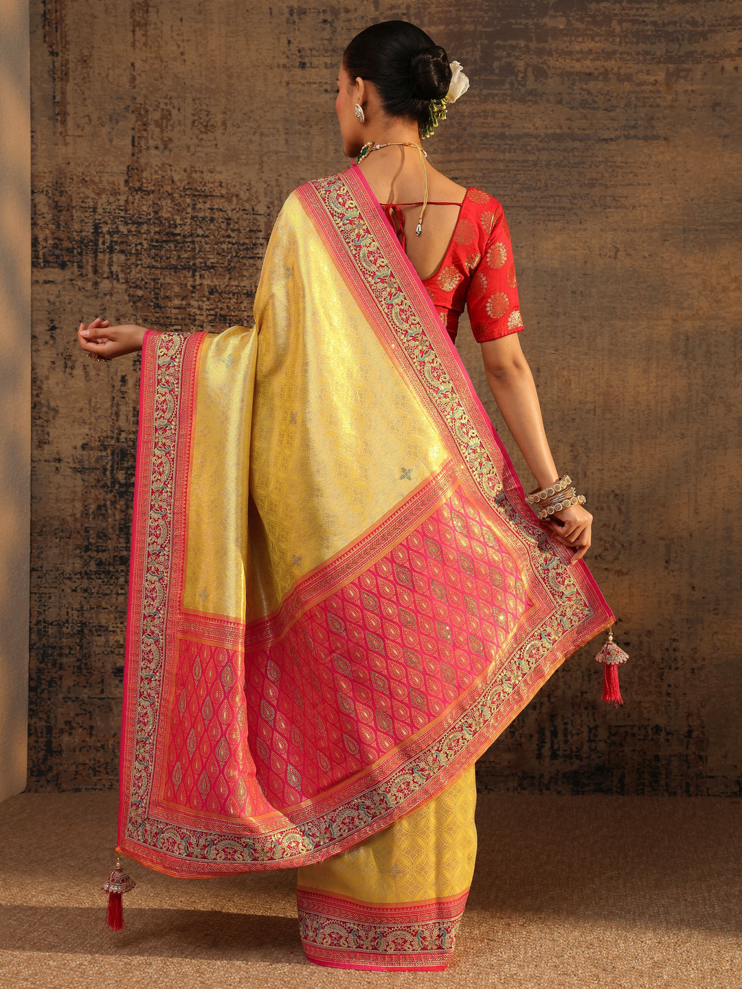 Libas Art Mustard Ethnic Motifs Woven Design Silk Blend Saree With Unstitched Blouse Piece