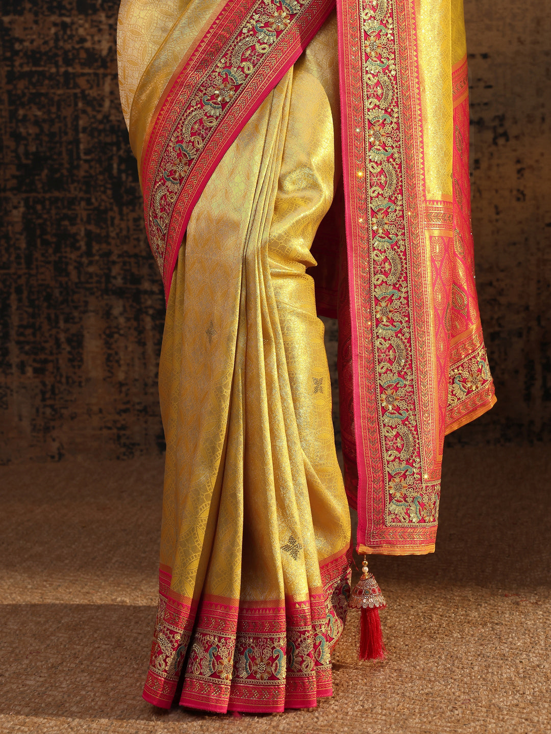 Libas Art Mustard Ethnic Motifs Woven Design Silk Blend Saree With Unstitched Blouse Piece
