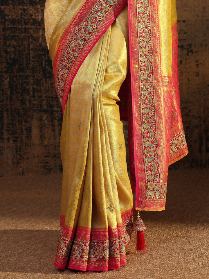 Libas Art Mustard Ethnic Motifs Woven Design Silk Blend Saree With Unstitched Blouse Piece