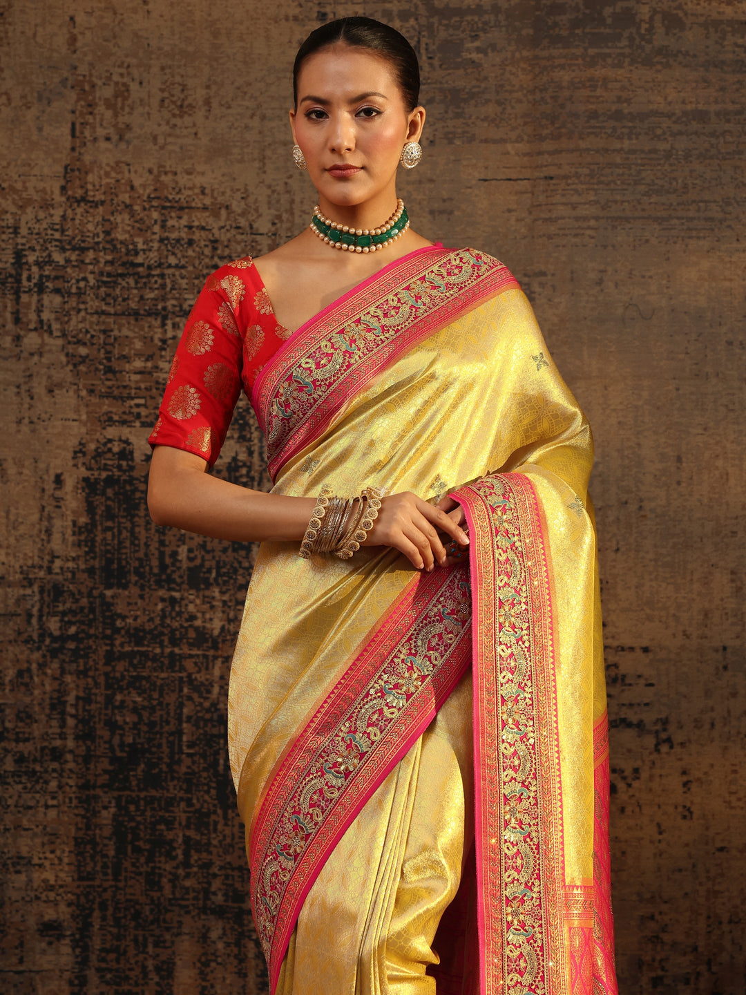 Libas Art Mustard Ethnic Motifs Woven Design Silk Blend Saree With Unstitched Blouse Piece