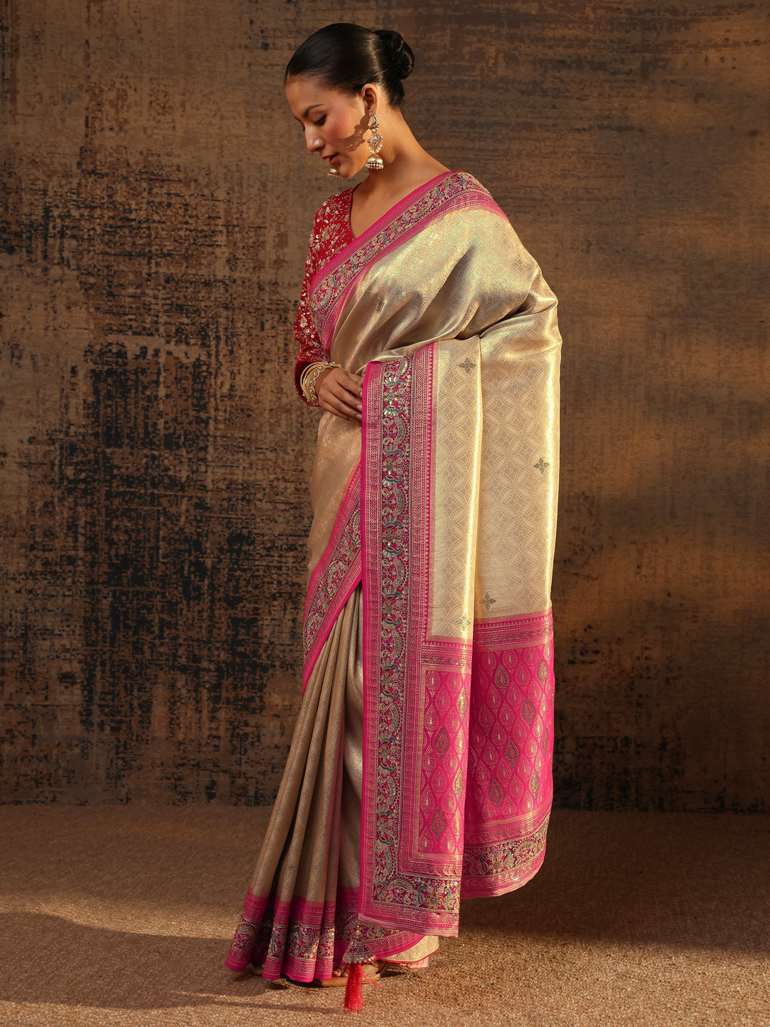 Libas Art Gold Ethnic Motifs Woven Design Silk Blend Saree With Unstitched Blouse Piece