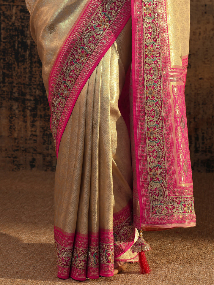 Libas Art Gold Ethnic Motifs Woven Design Silk Blend Saree With Unstitched Blouse Piece