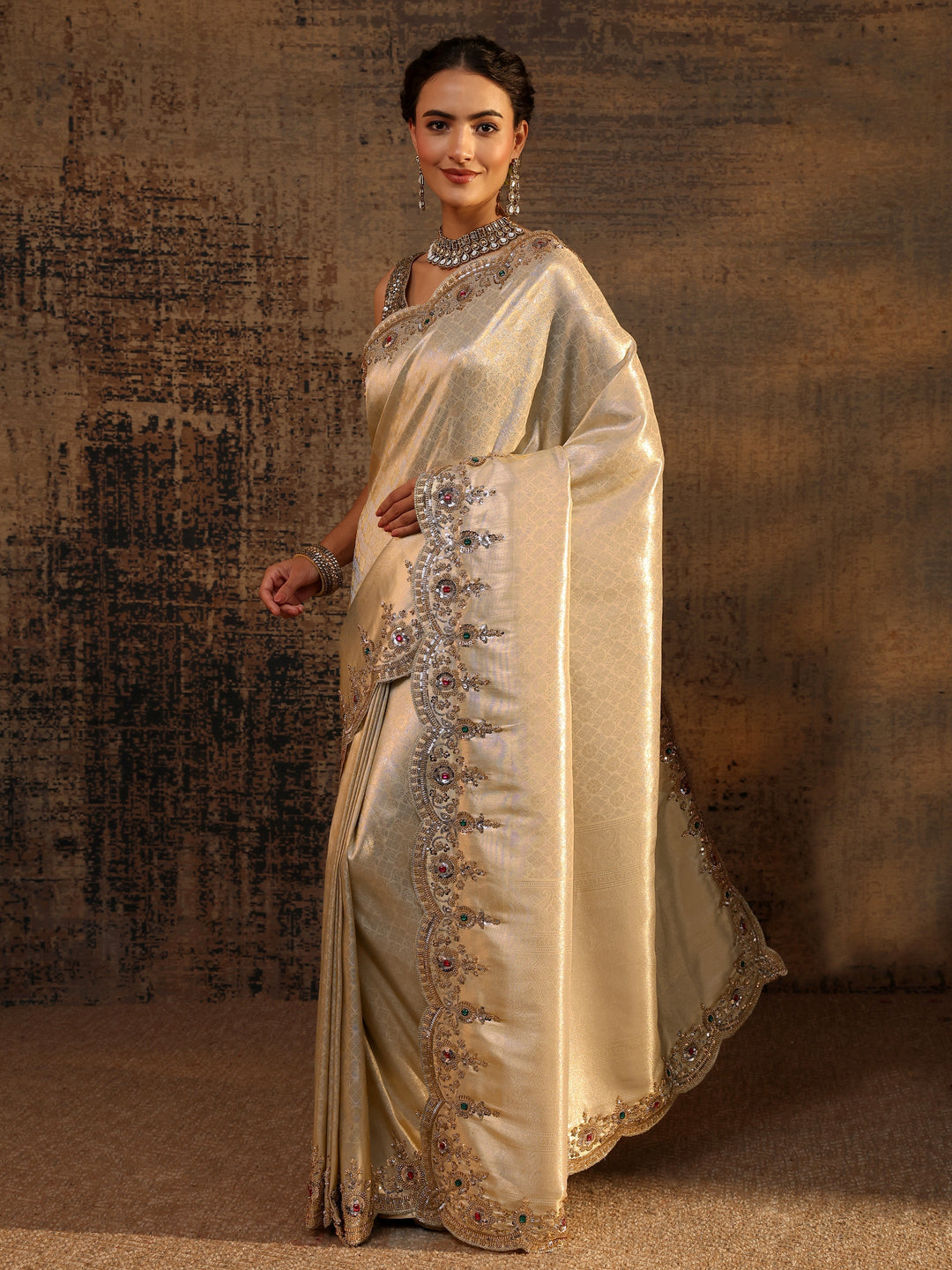 Libas Art Gold Ethnic Motifs Woven Design Silk Blend Saree With Unstitched Blouse Piece