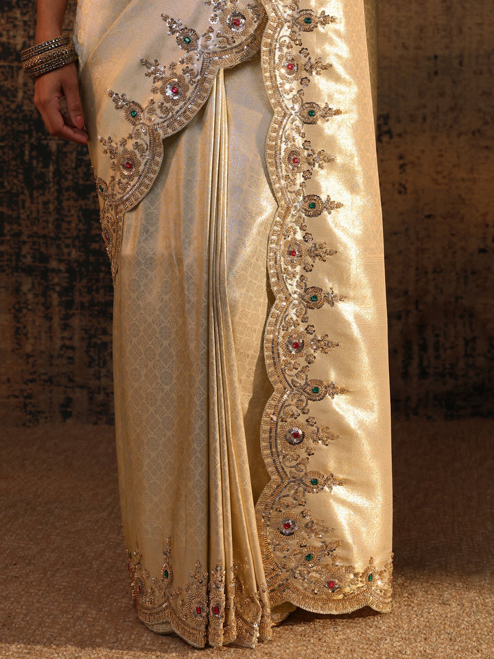 Libas Art Gold Ethnic Motifs Woven Design Silk Blend Saree With Unstitched Blouse Piece