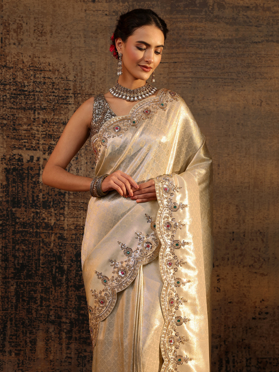 Libas Art Gold Ethnic Motifs Woven Design Silk Blend Saree With Unstitched Blouse Piece