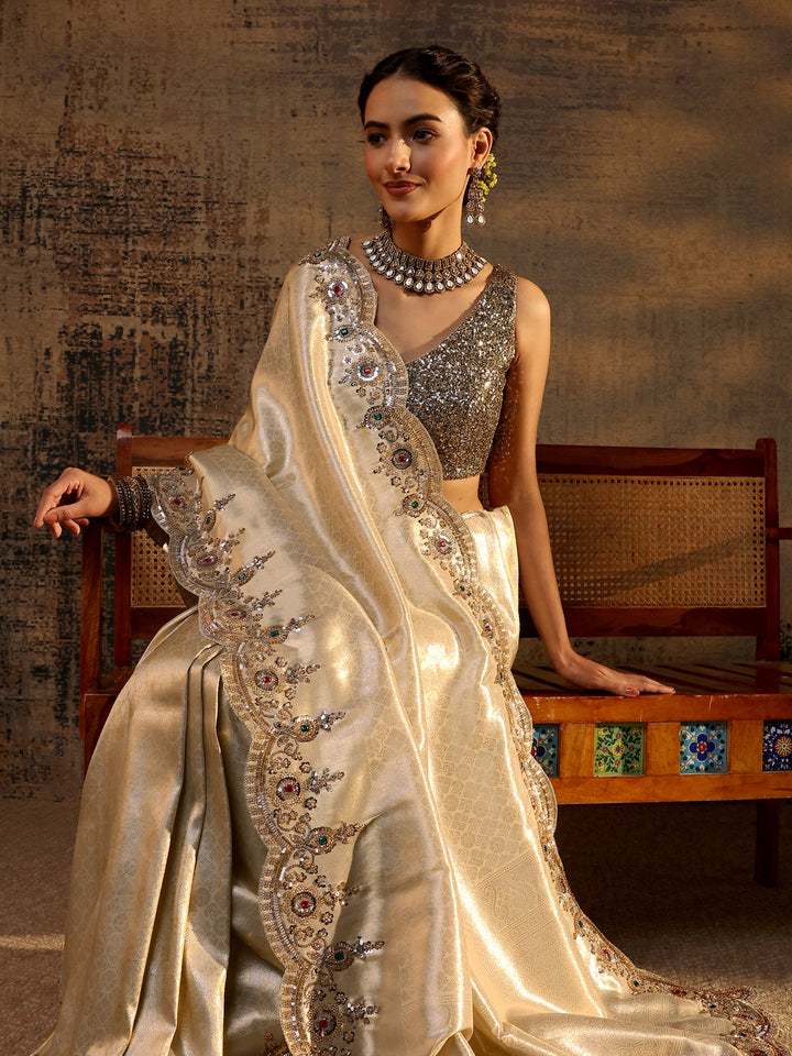 Libas Art Gold Ethnic Motifs Woven Design Silk Blend Saree With Unstitched Blouse Piece