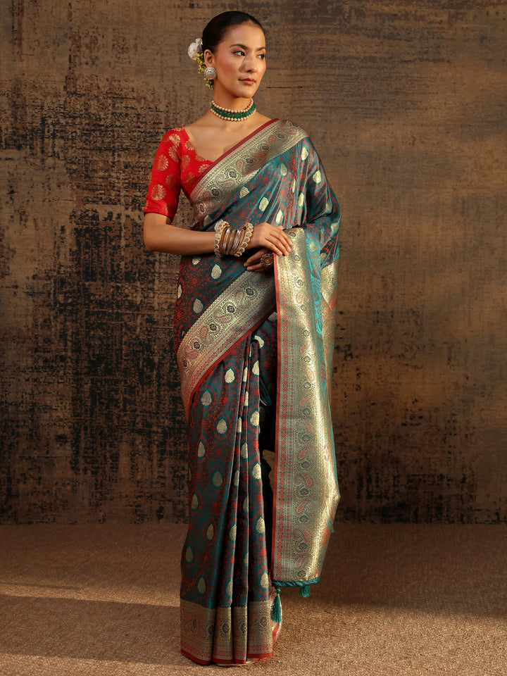 Teal Floral Woven Design Silk Blend Saree With Unstitched Blouse Piece