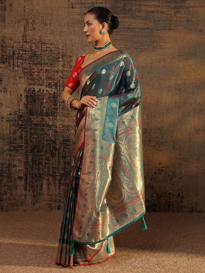 Teal Floral Woven Design Silk Blend Saree With Unstitched Blouse Piece