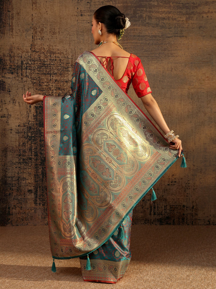 Teal Floral Woven Design Silk Blend Saree With Unstitched Blouse Piece